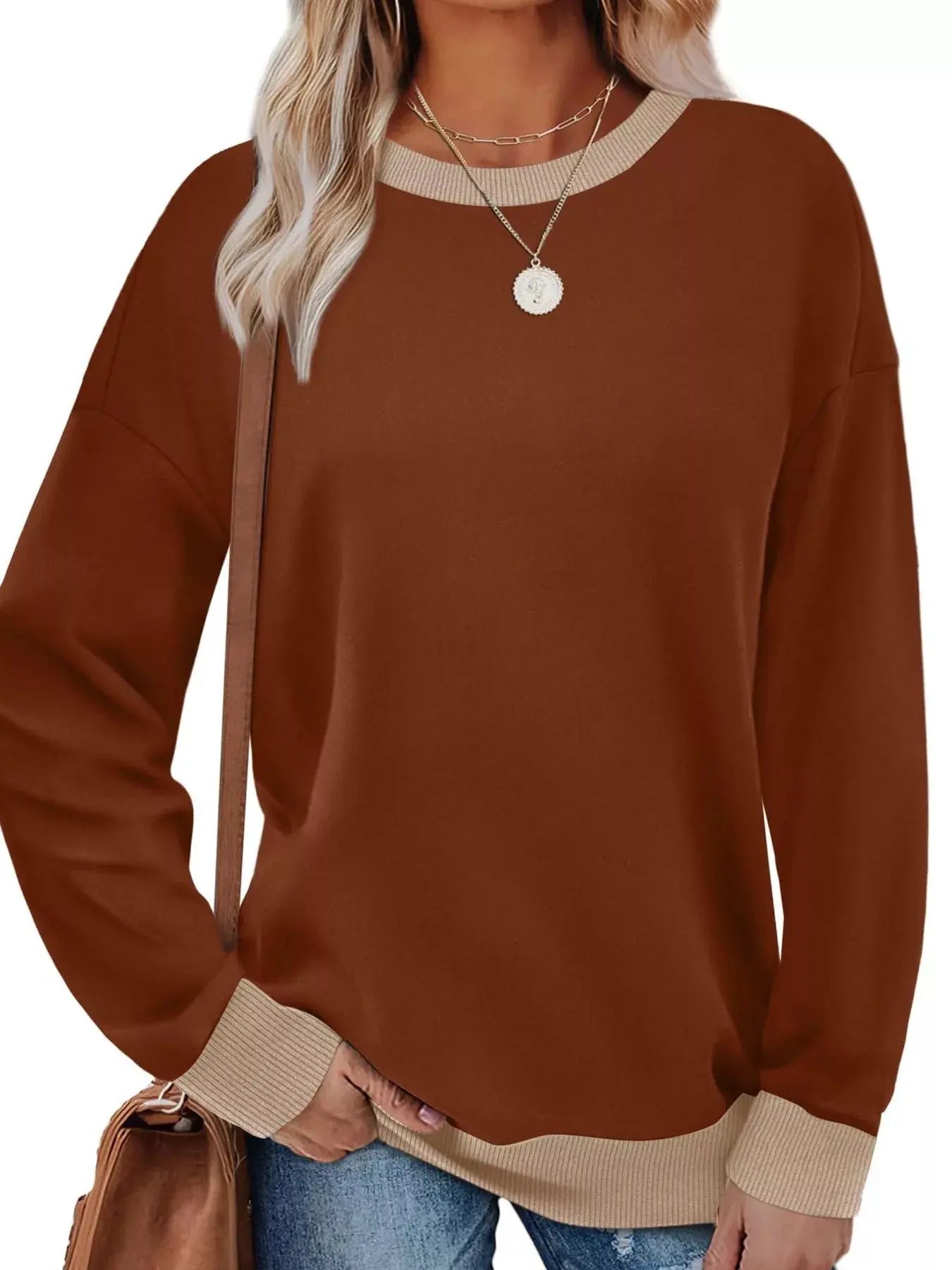 Contrast Trim Crew Neck Casual Sweatshirt Simply Love