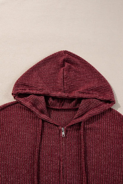 Red Dahlia Ribbed Zip Up Front Drawstring Hoodie