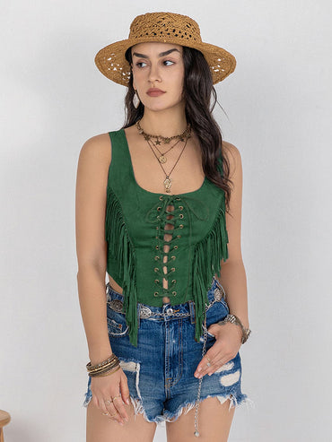 Fringe Lace-Up Wide Strap Tank.