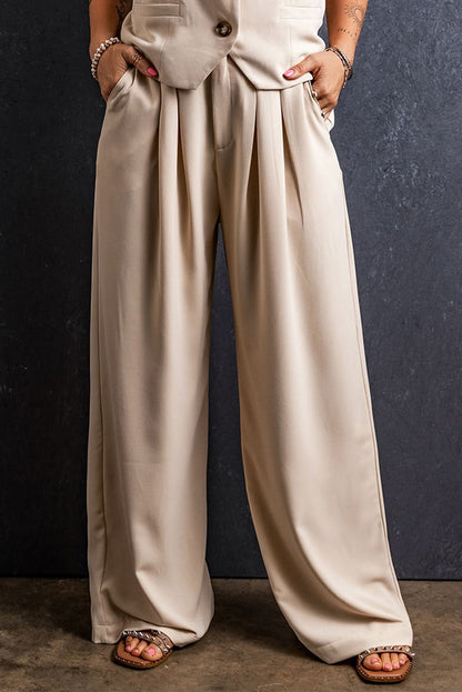 Ruched High-Waisted Palazzo Pants with Functional Pockets