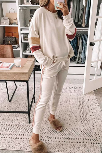 Striped Round Neck Sweatshirt and Drawstring Joggers Set.