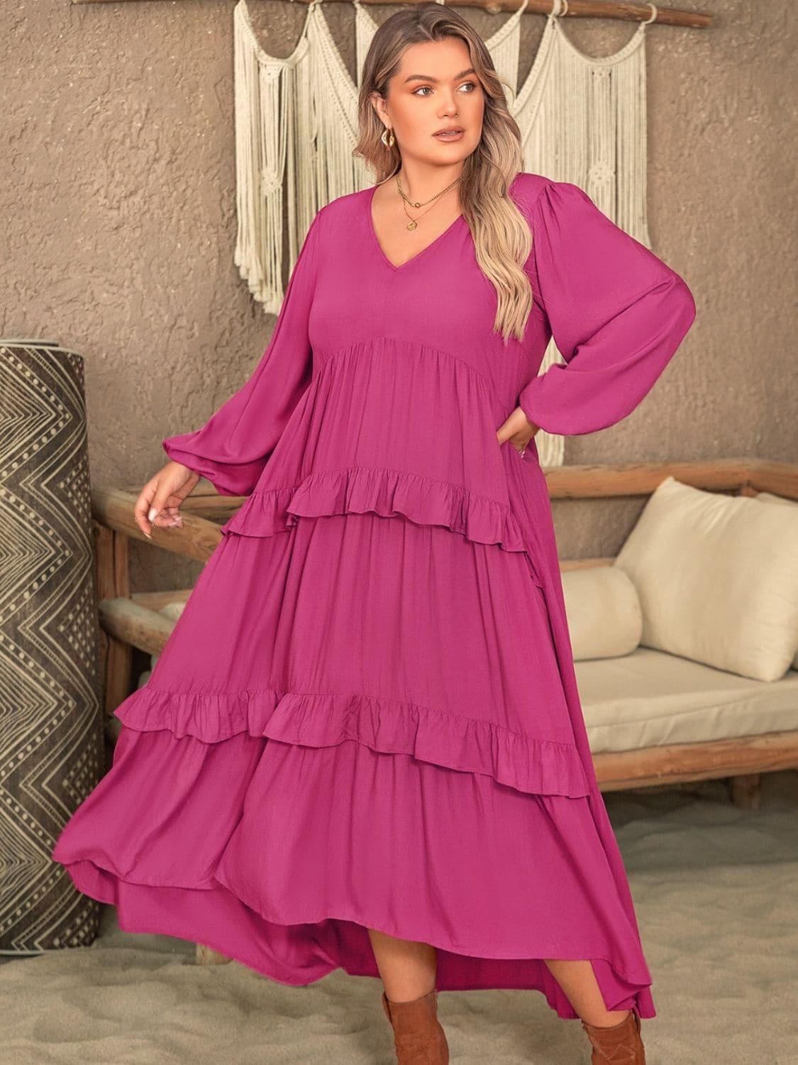 Plus Size Ruffled V-Neck Long Sleeve Dress.