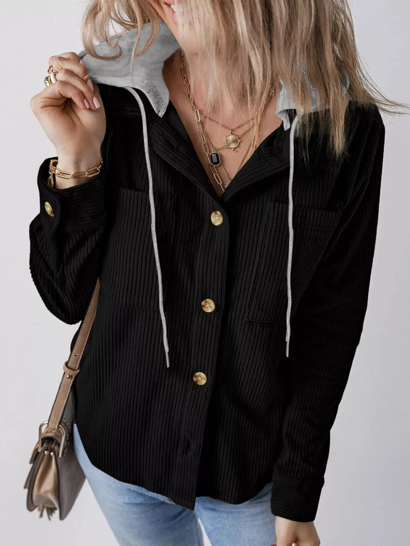 Hooded Corduroy Button-Down Jacket Simply Love