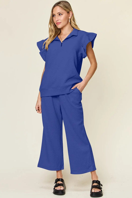 Double Take Texture Ruffle Short Sleeve Top and Drawstring Wide Leg Pants Set - Love Salve