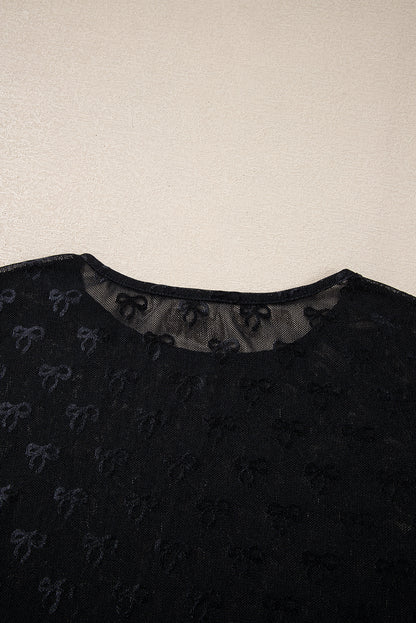 Black Mesh Bow Pattern Long Sleeve Top for Women