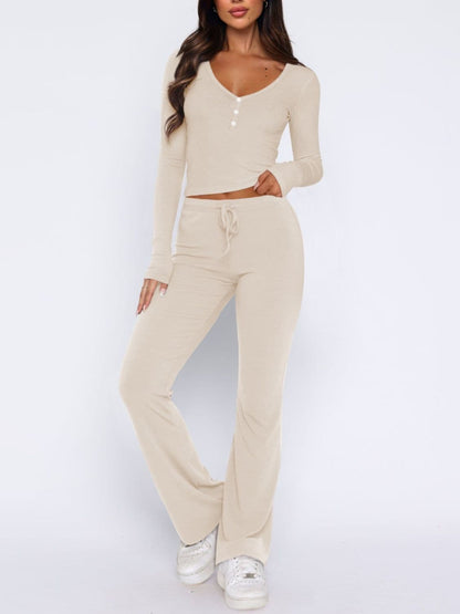 Chic V-neck long sleeve top and matching pants set