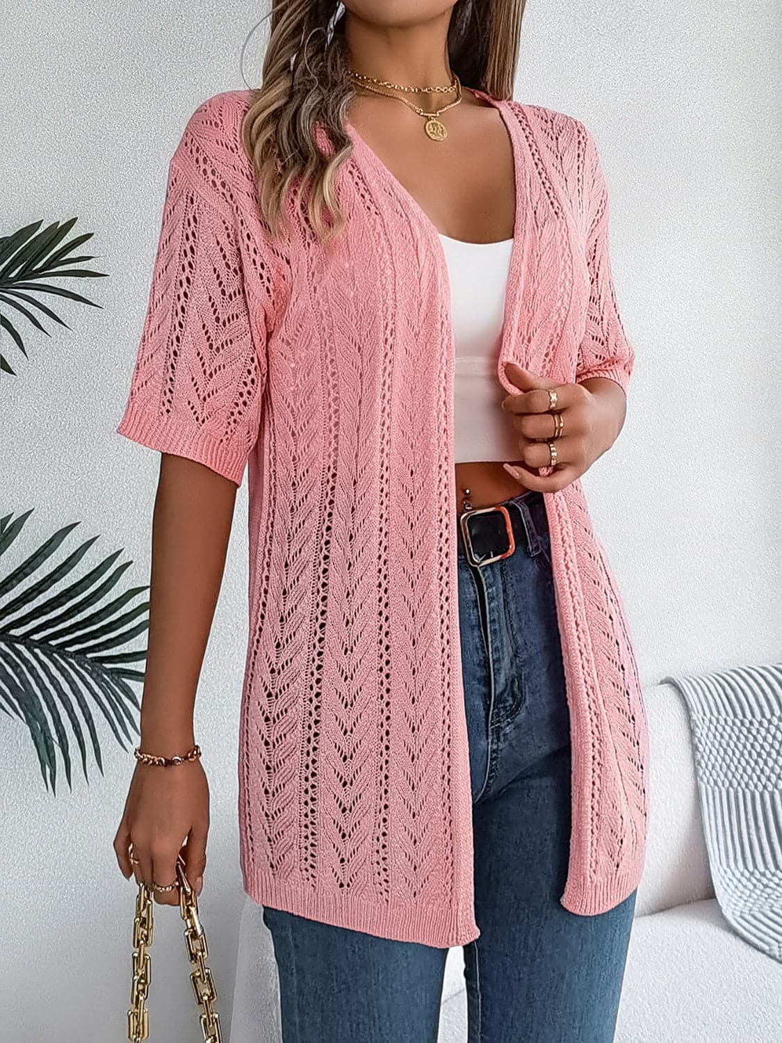 Openwork Open Front Half Sleeve Cardigan.