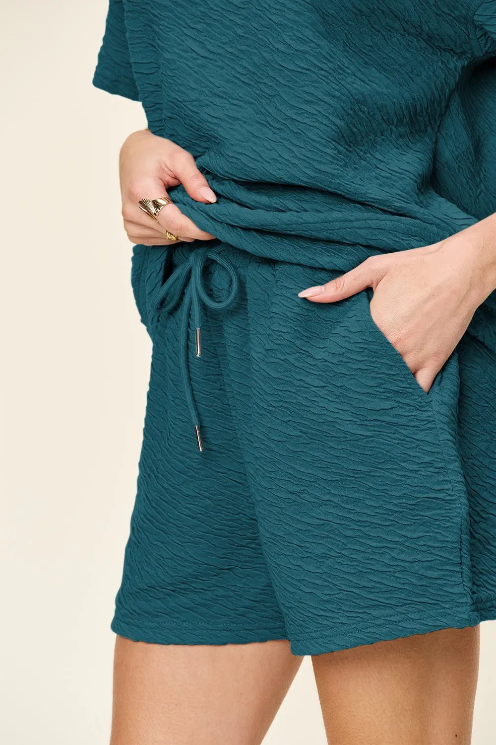 Double Take Full Size Texture Short Sleeve T-Shirt and Drawstring Shorts Set - Love Salve