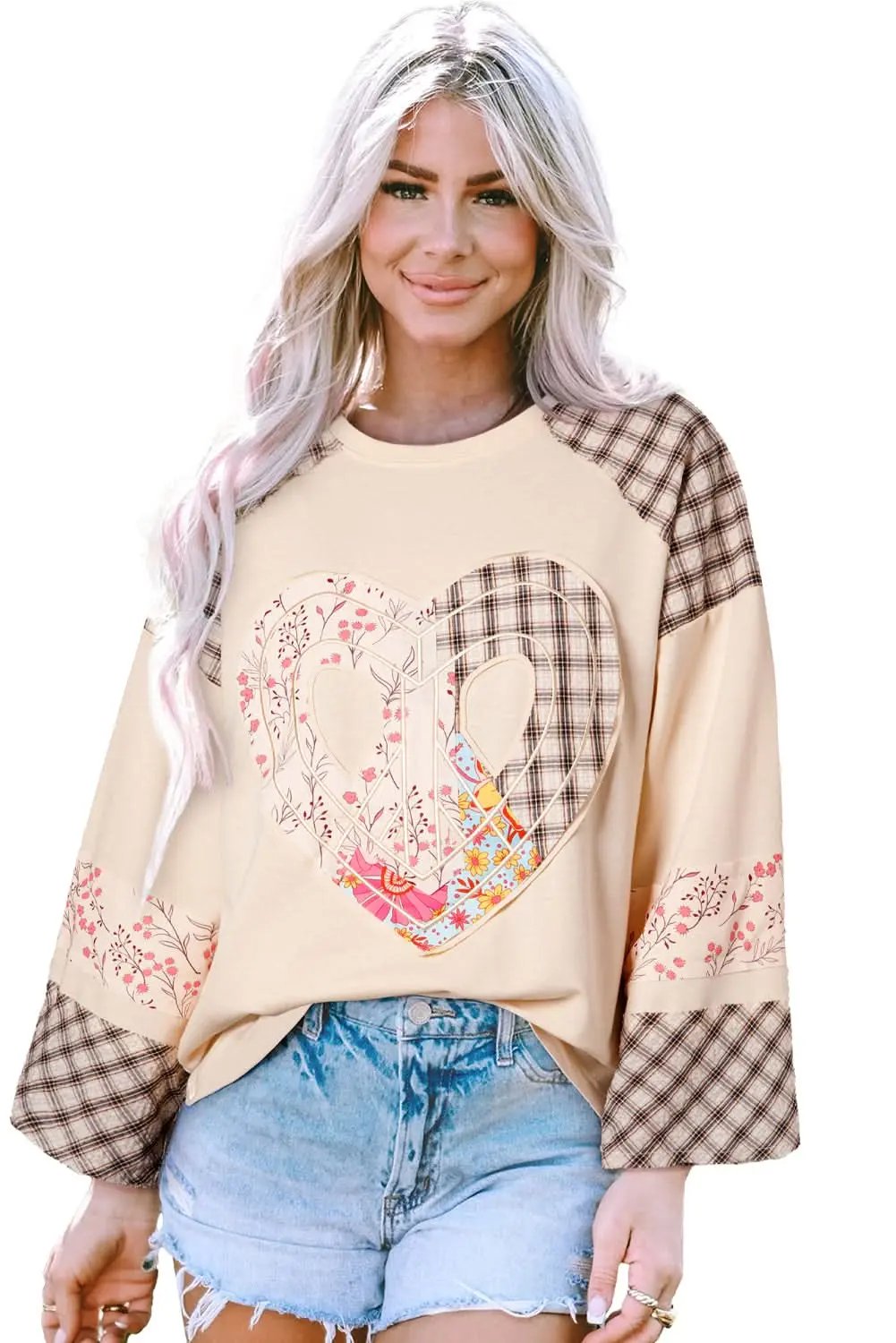 Beige Plaid Floral Peace Heart Graphic Wide Long Sleeve Top - Love Salve 