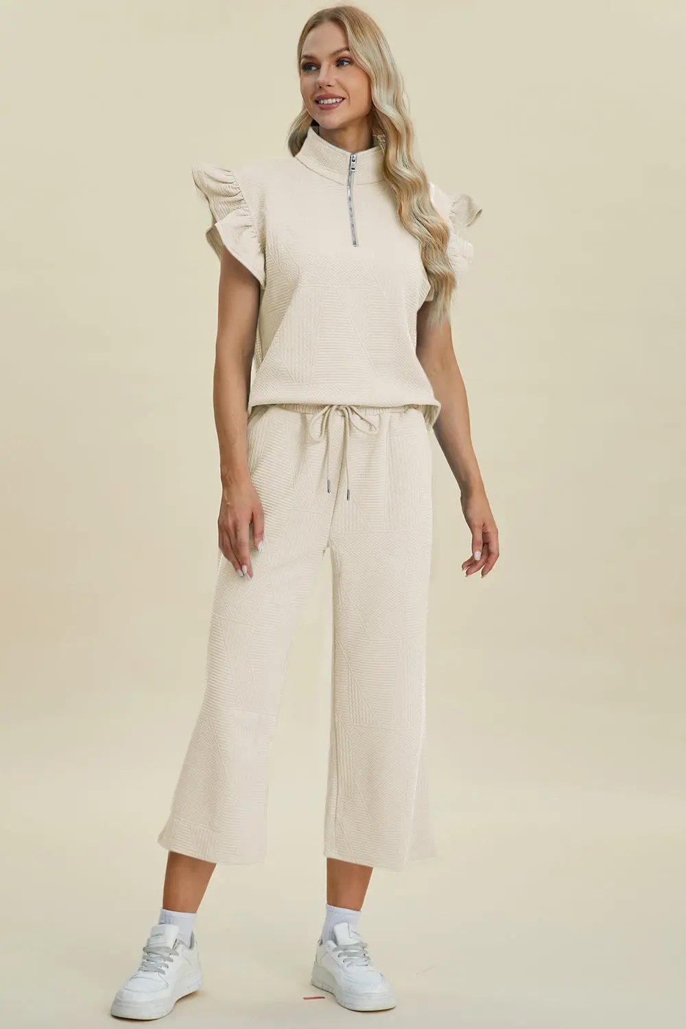 Double Take Full Size Texture Ruffle Short Sleeve Top and Wide Leg Pants Set - Love Salve