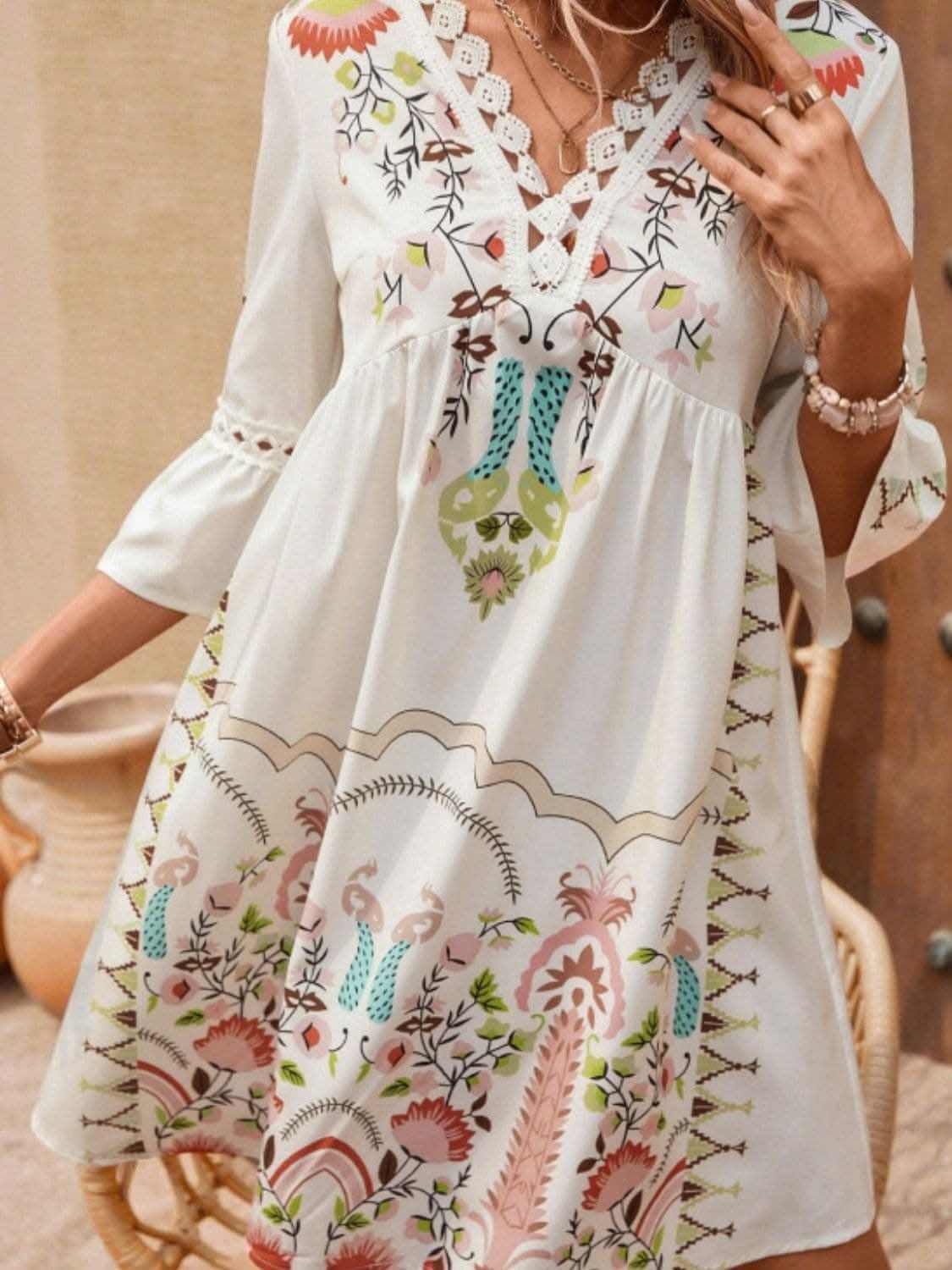 Lace Printed Three-Quarter Dress with Sheer Elegance - Love Salve 