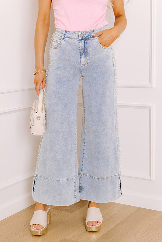 Beau Blue Mid Rise Pearl Embellished Split Wide Leg Jeans Dear-Lover Dropshipping