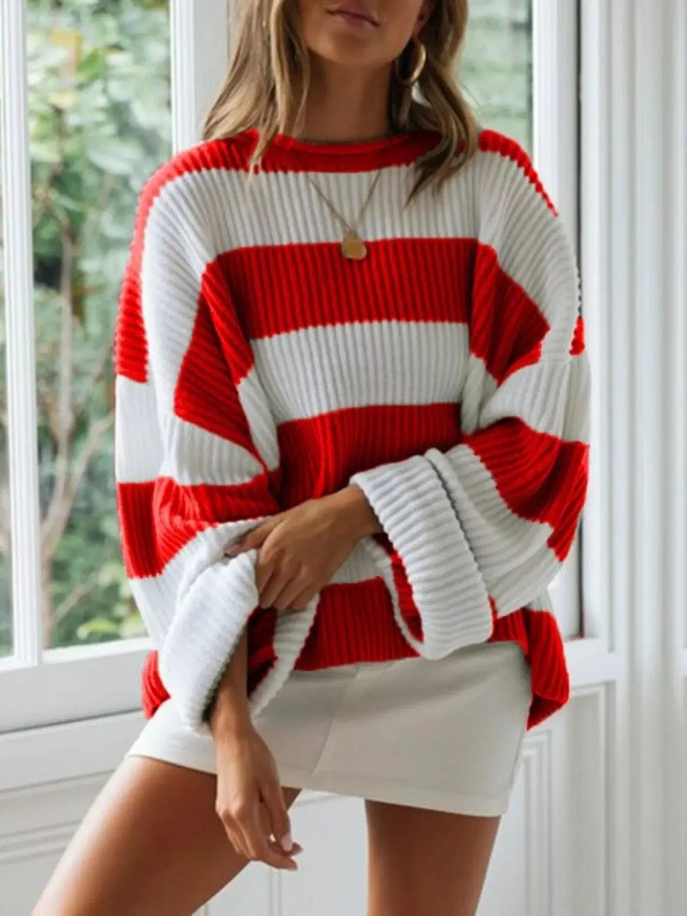 Full Size Contrast Striped Round Neck Sweater Plus Size Simply Love