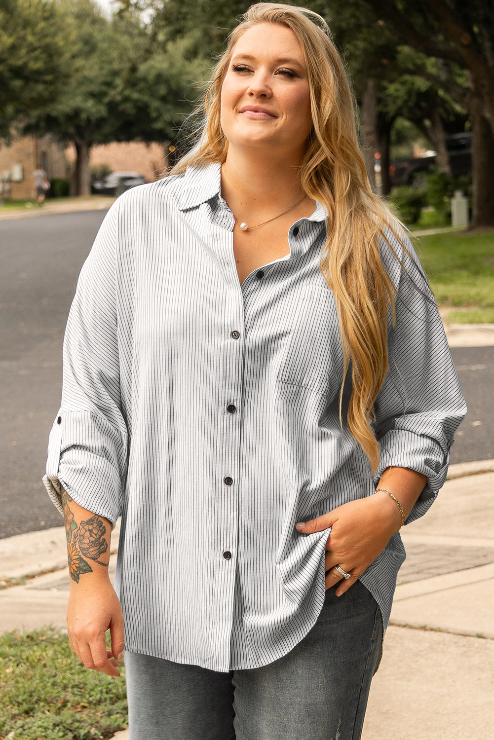 Chic white striped plus size shirt with rolled tab sleeves