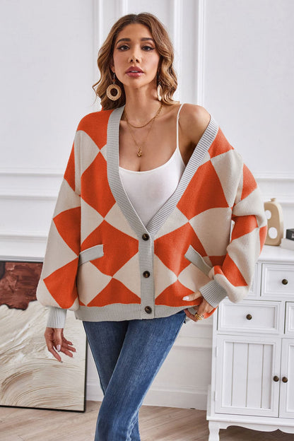 Geometric Lantern Sleeve Cardigan with Pockets.