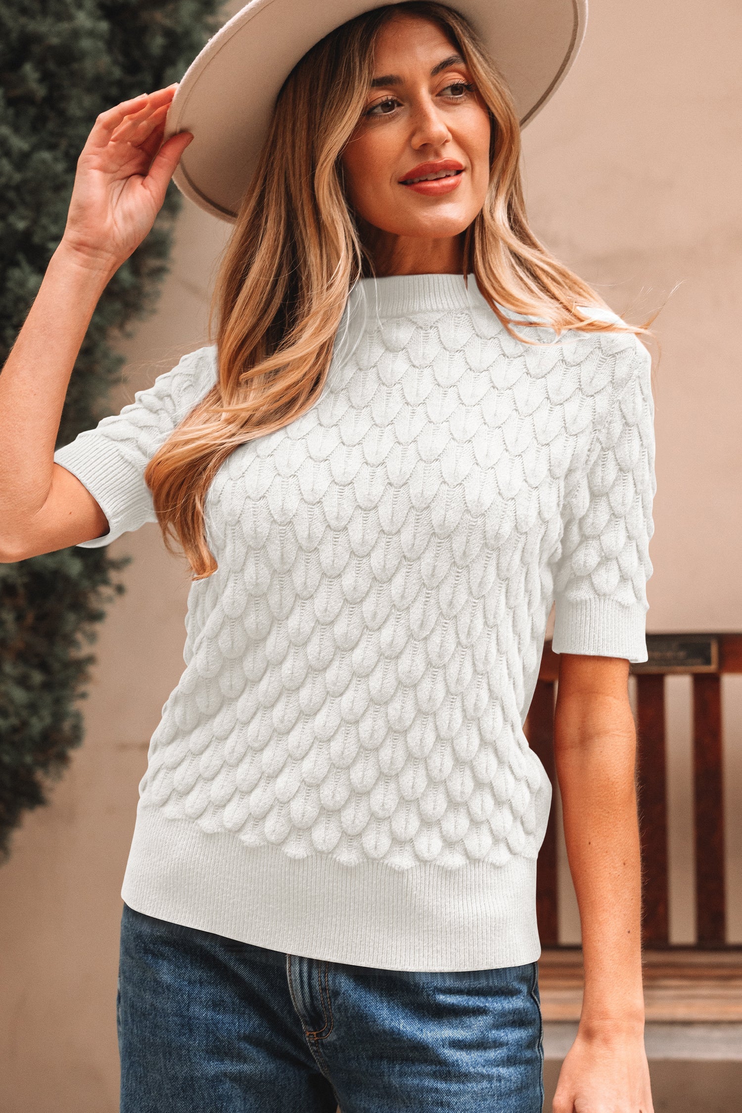 Dear-Lover White Knit Sweater Women's Daily Top Ribbed Short Sleeve High Neck Modern Dear-Lover Dropshipping