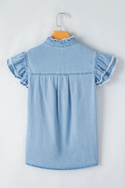 Chic ruffled denim top with button front and frayed hem