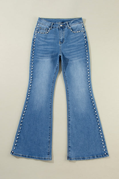 Dusk Blue Pearl-Studded Boot Cut Jeans for Effortless Style