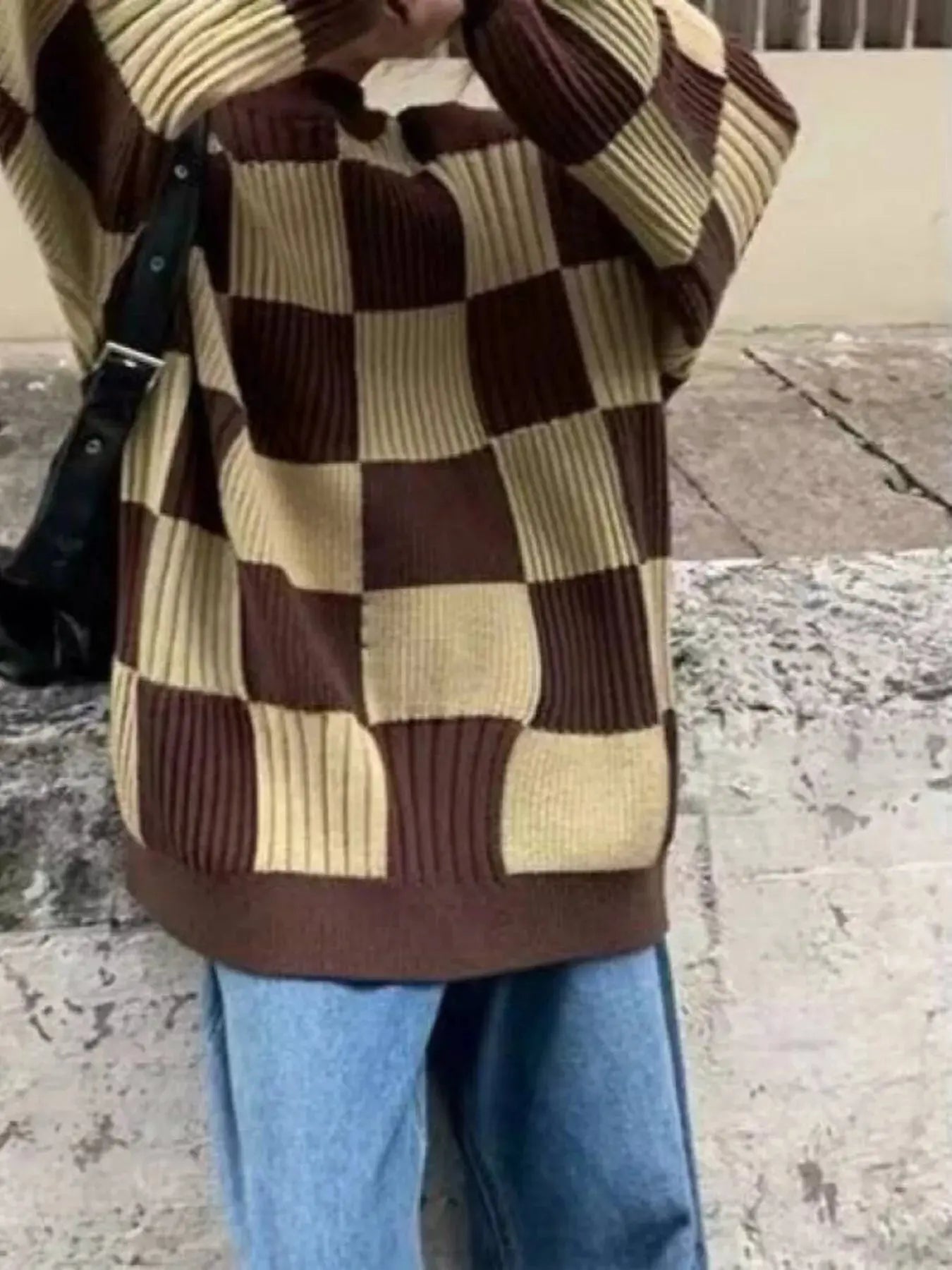 Checkerboard Pattern Oversized Sweater Simply Love