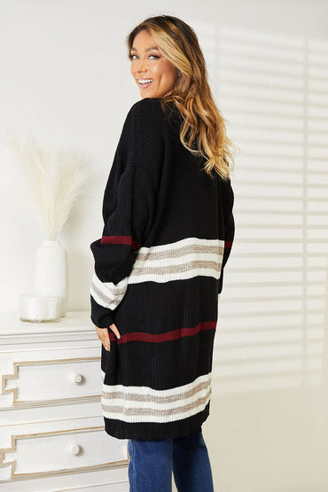 Perfee Striped Rib-Knit Drop Shoulder Open Front Cardigan