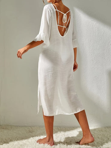 Slit V-Neck Flounce Sleeve Cover-Up.