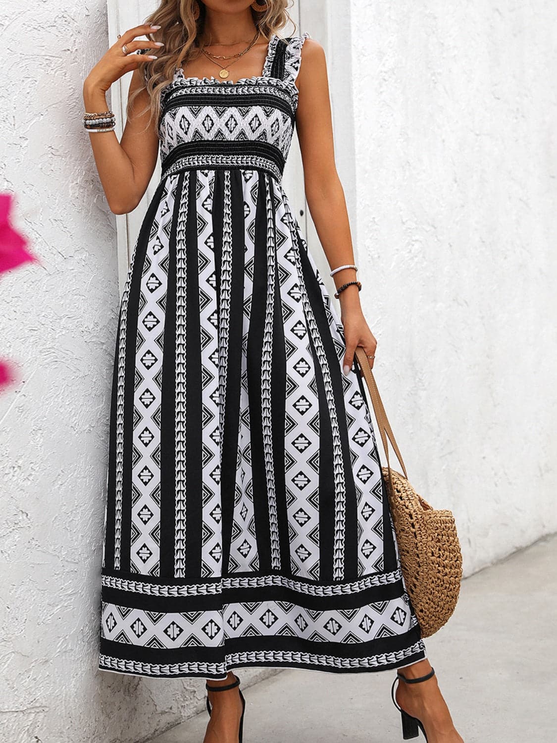 Printed Square Neck Wide Strap Cami Dress.