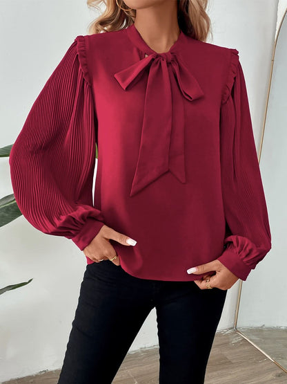 Frilled Tie Neck Long Sleeve Blouse by Perfee