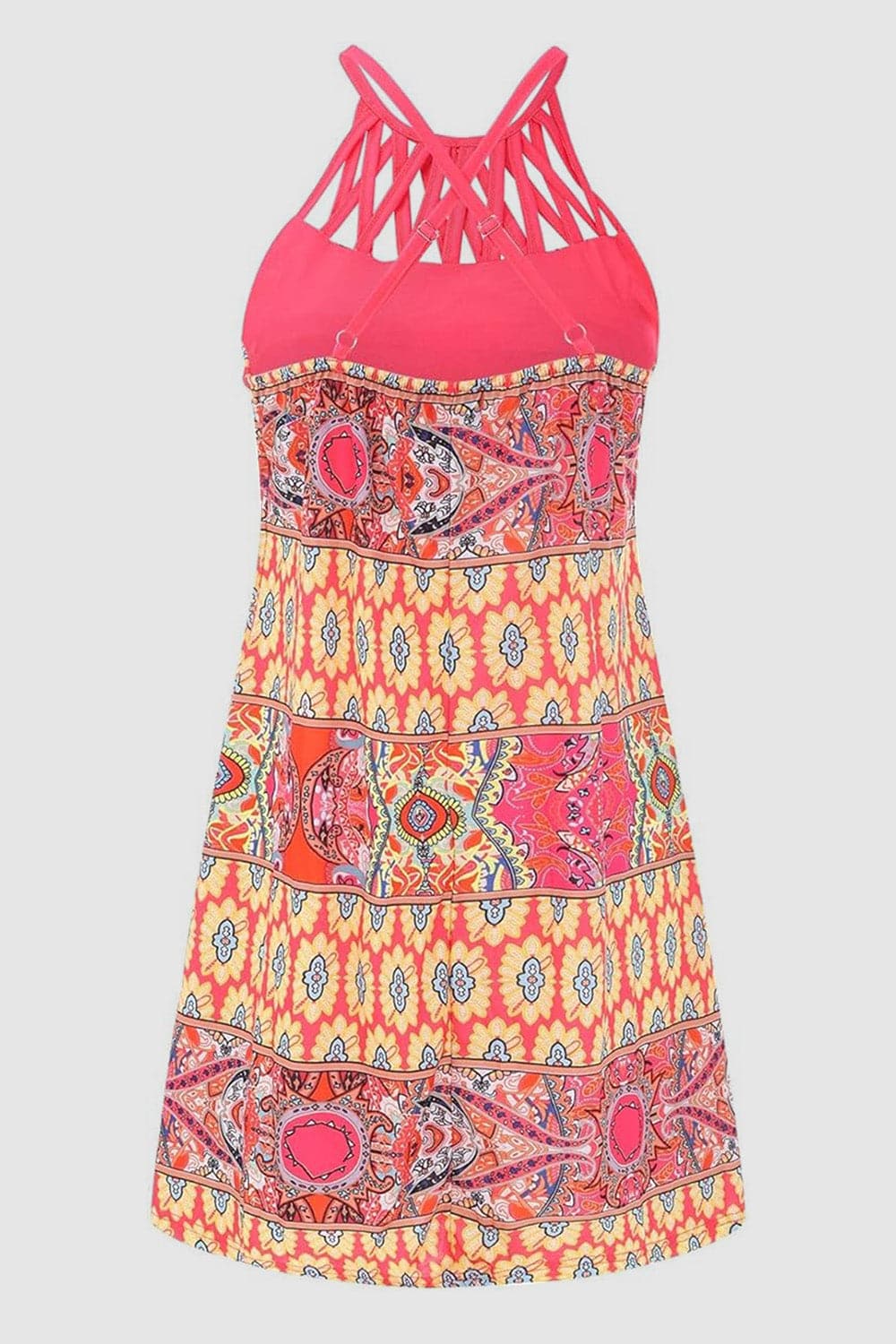 Printed Grecian Neck Mini Dress.