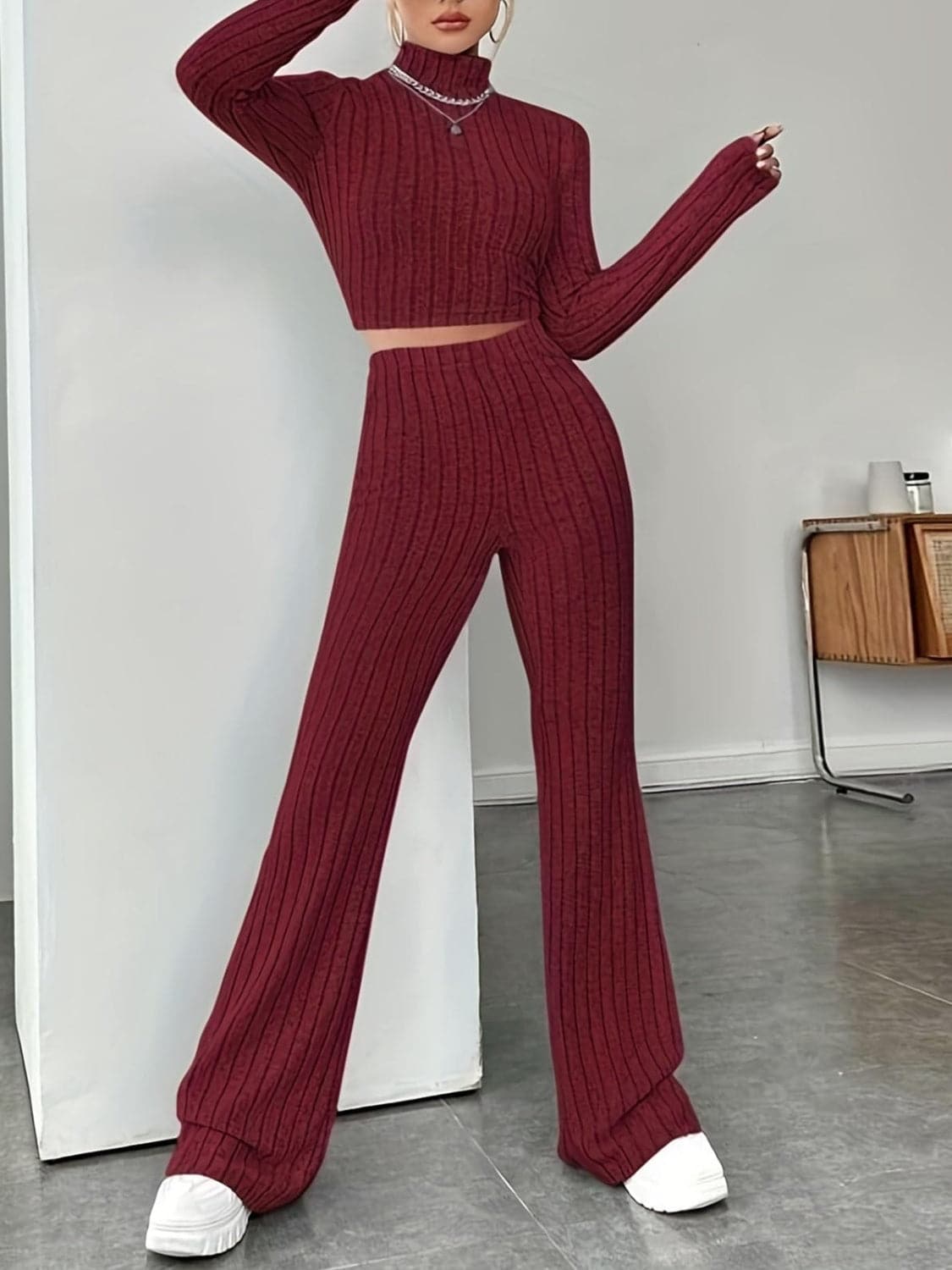 Ribbed Mock Neck Long Sleeve Top and Pants Set.