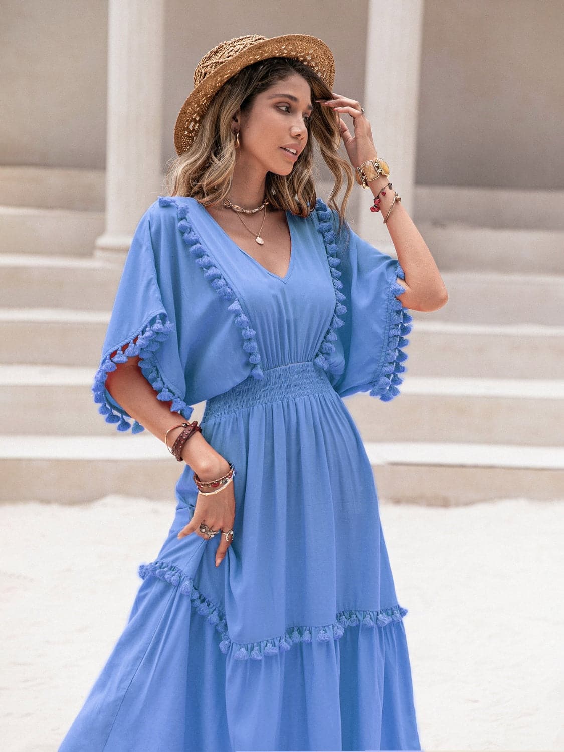 Tassel Trim Smocked V-Neck Short Sleeve Dress.