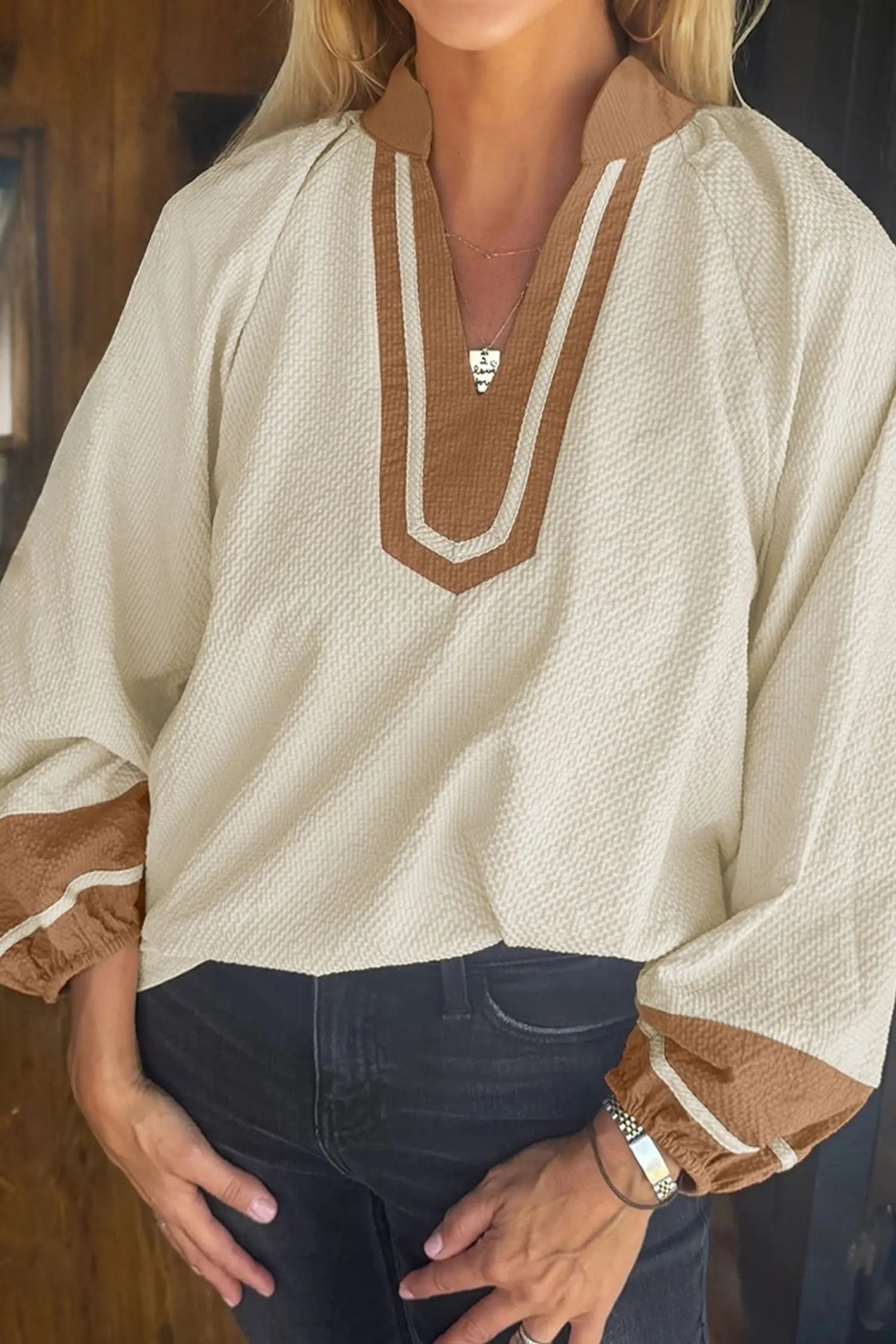 Jet Stream Color Block Patchwork V Neck Textured Long Sleeve Blouse Dear-Lover Dropshipping