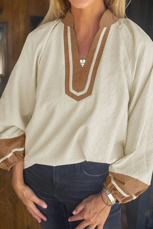 Jet Stream Color Block Patchwork V Neck Textured Long Sleeve Blouse Dear-Lover Dropshipping