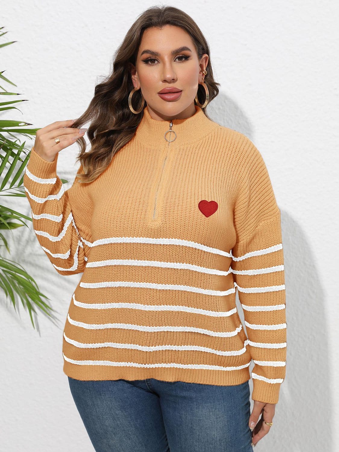 Plus Size Zip-Up Striped Sweater.