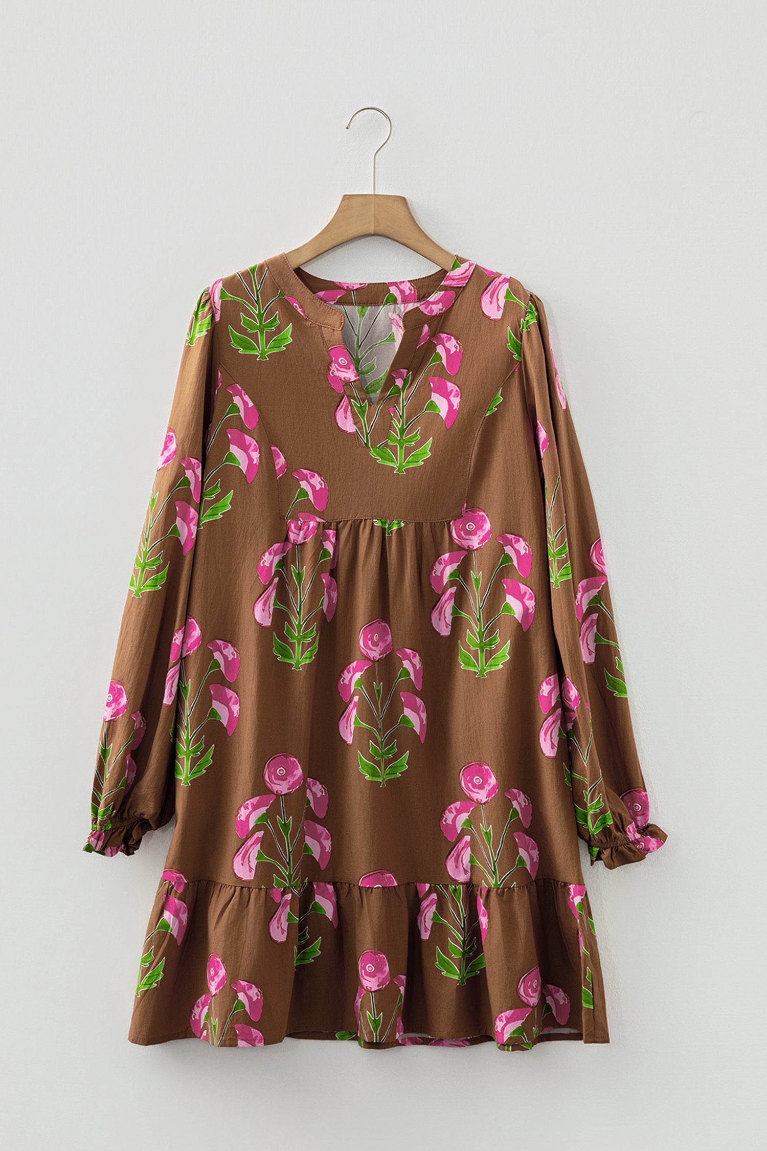 Brown Contrast Floral Print Babydoll Tunic Dress With Ruffled Hem Puff Sleeve Dear-Lover Dropshipping