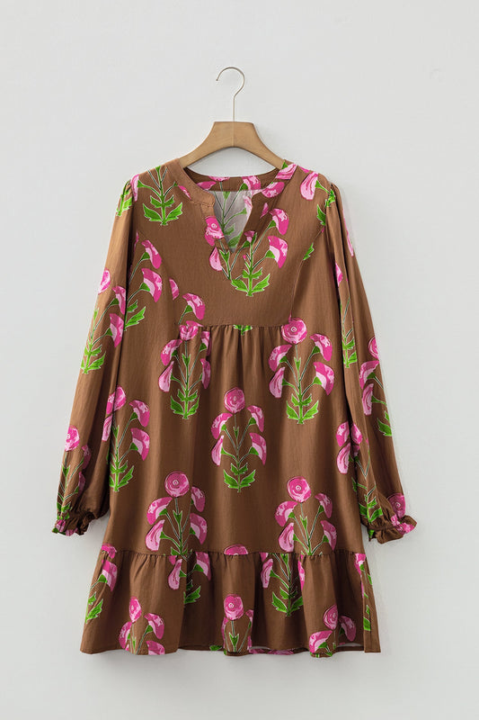 Brown Contrast Floral Print Babydoll Tunic Dress With Ruffled Hem Puff Sleeve Dear-Lover Dropshipping