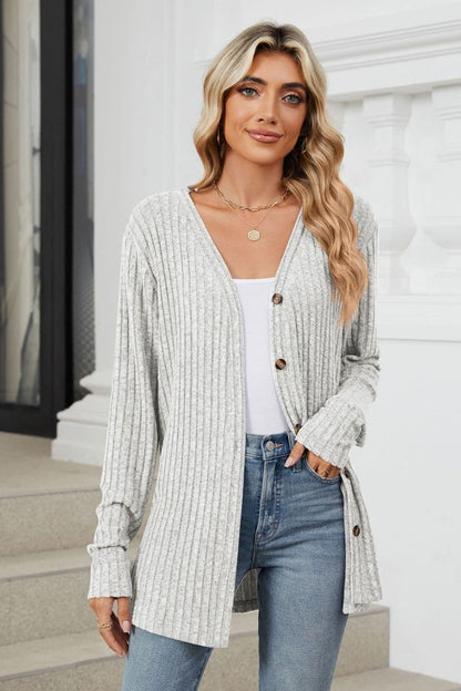 Ribbed Button Up Long Sleeve Cardigan.