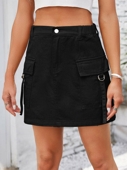 Pocketed Buttoned Denim Skirt.