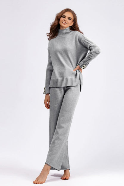 Chic Basic High-Low Turtleneck Sweater Set with Pants