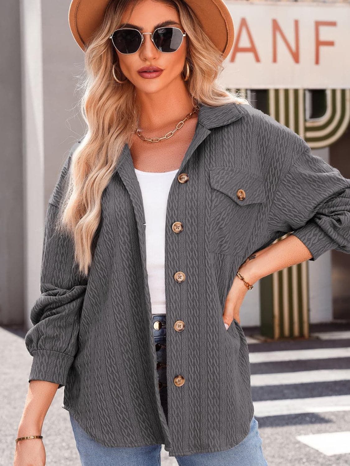 Stylish textured long sleeve button-up shacket