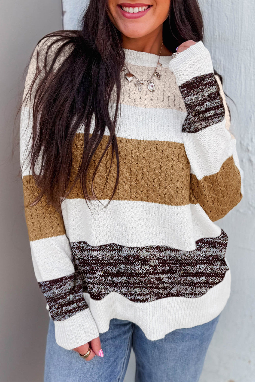 Brown Mixed Texture Knit Striped Color Block Loose Pullover Sweater For Women Cozy Casual Knitwear Dear-Lover Dropshipping