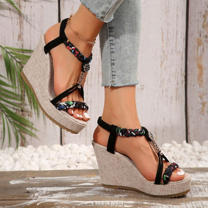 Braided Strap Wedge Sandals.