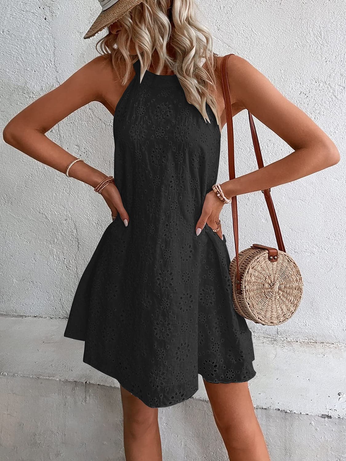 Eyelet Grecian Neck Mini Dress.