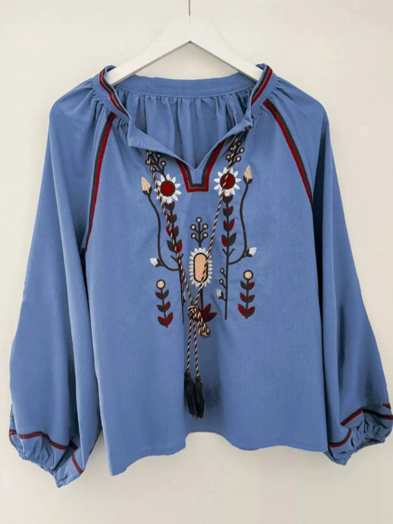 Blue Floral Embroidered Split Neck Tassel Tie Puff Sleeve Blouse Simply Love