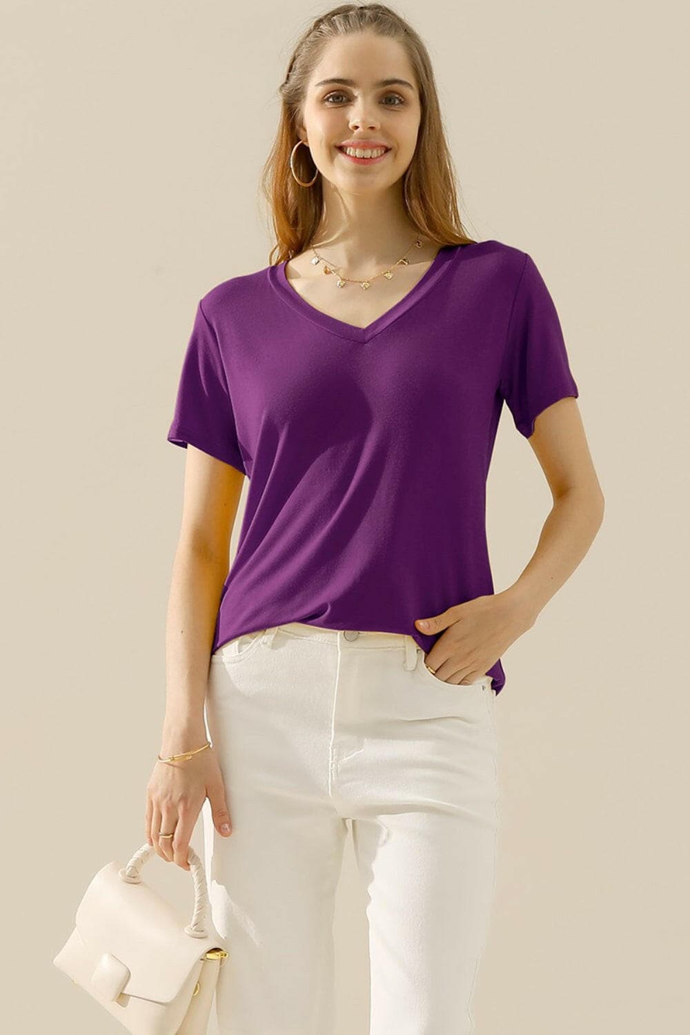 Ninexis Full Size V-Neck Short Sleeve T-Shirt.