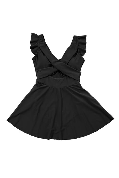 Chic black two-tone cutout swimdress with criss-cross design