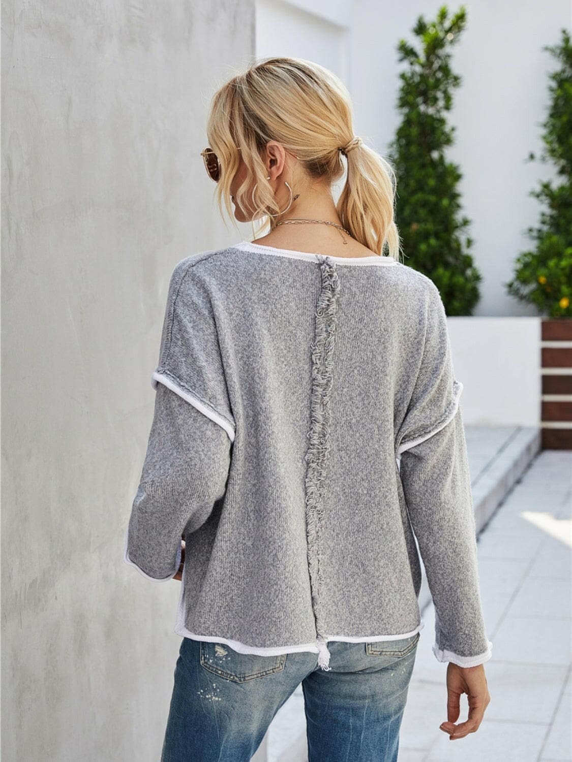 Boat Neck Dropped Shoulder Sweater.