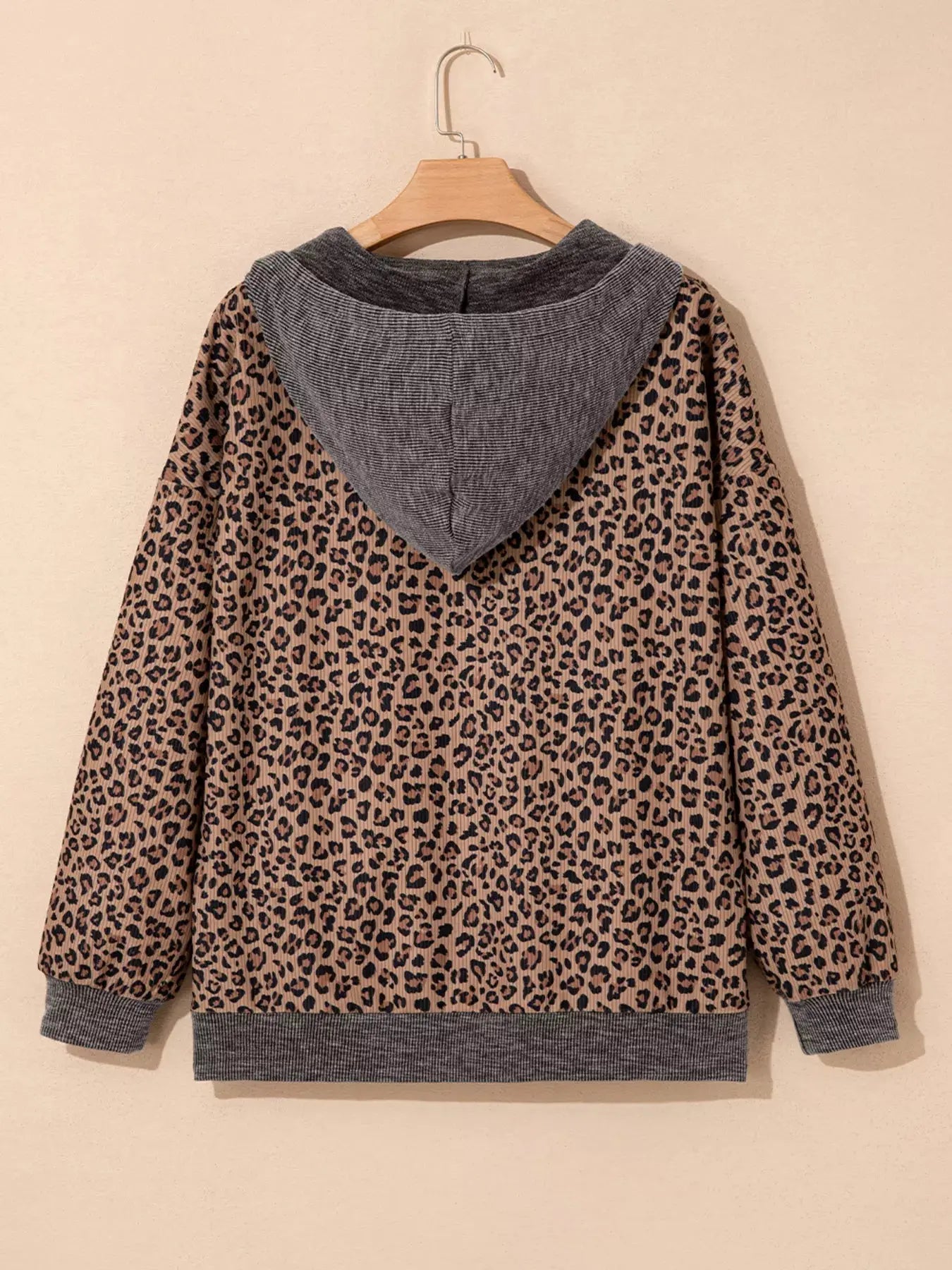 Ribbed Leopard Print Contrast Collar Zip Hoodie Simply Love