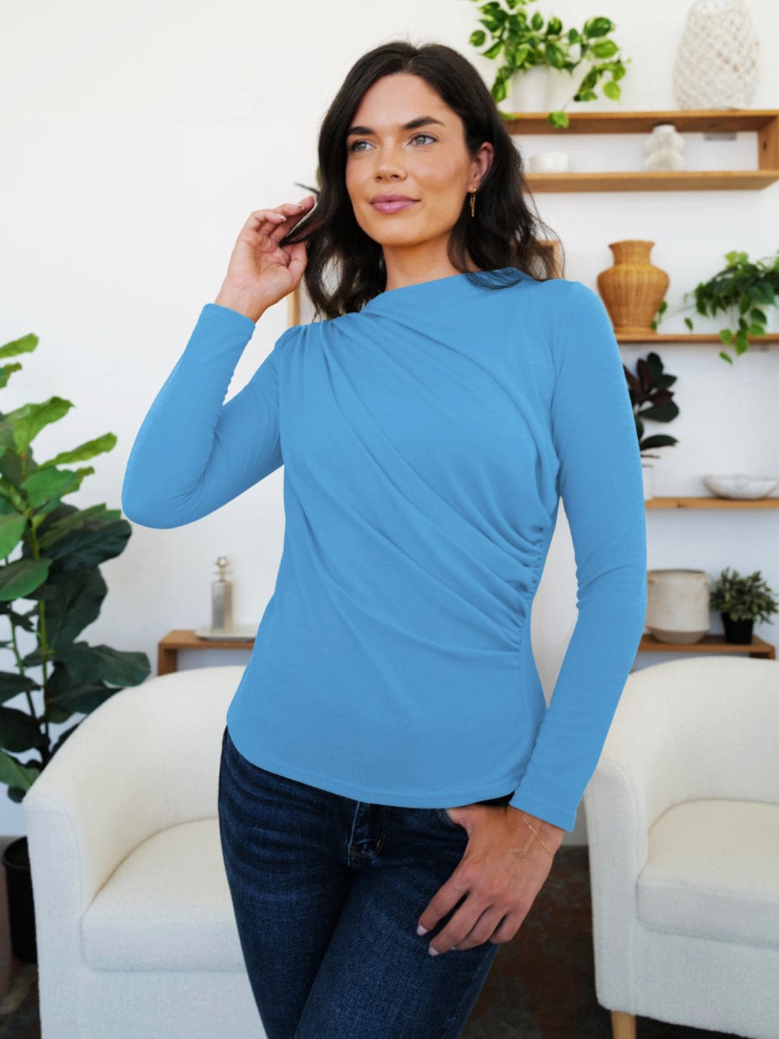 Ruched long sleeve mock neck tee