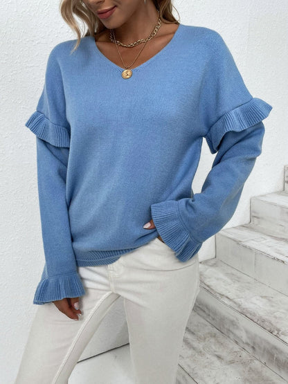 Ruffled V-Neck Dropped Shoulder Sweater.