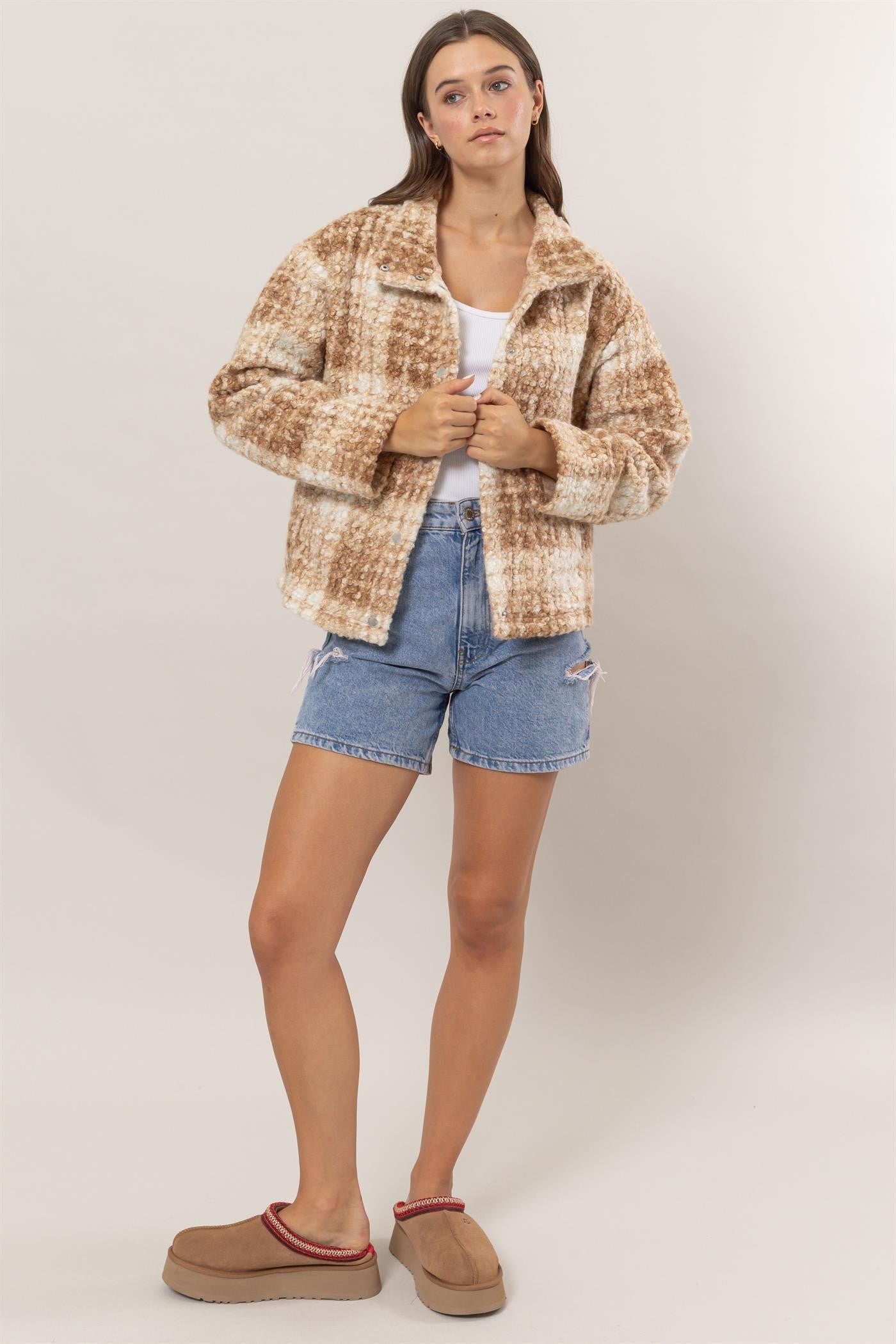 HYFVE Plaid Collared Neck Boucle Jacket with Pockets Coco’s Tee Boutique